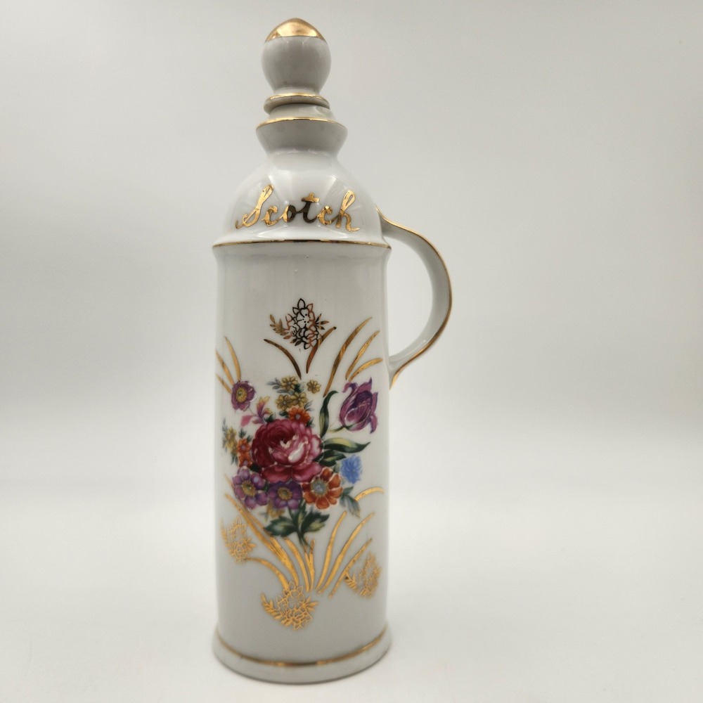Vintage Thames Japan Hand Painted Porcelain Scotch Decanter Floral Gold Gilt